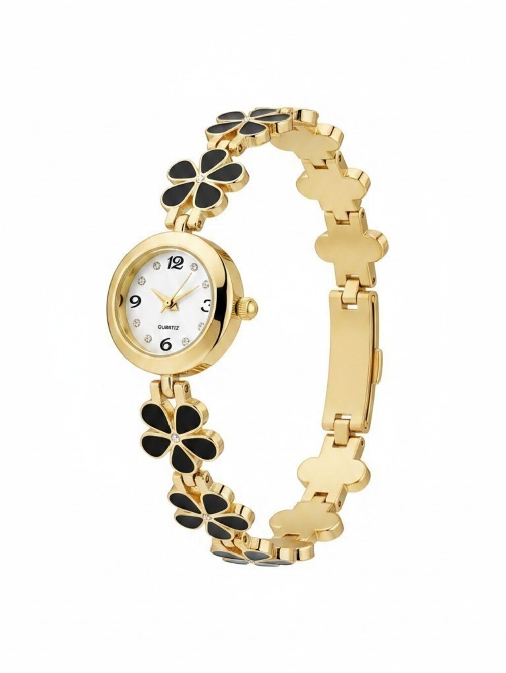 Sassified Boutique Nwt Gold Floral Bracelet Watch with Black Accents.